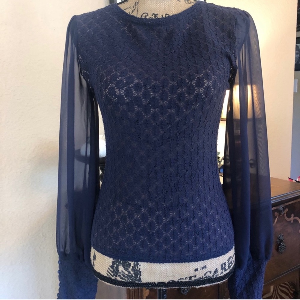 Free People lace & mesh long sleeve navy blouse sz L